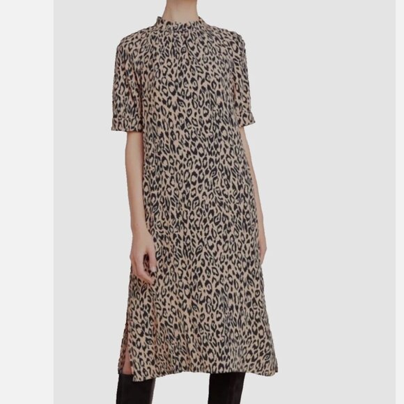 By Anthropologie Midi Dress Medium Leopard Print Side Slit Puff Sleeve Edgy Chic - Picture 1 of 8